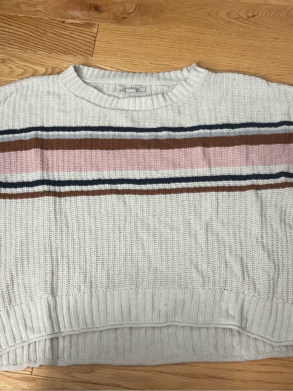 American Eagle Outfitters Cream Sweater with Pink, Brown and Navy Stripes